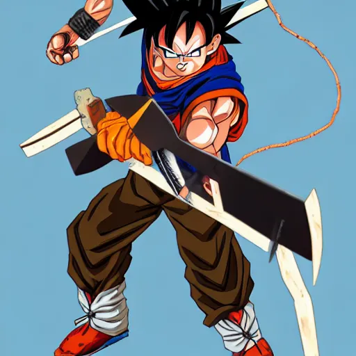 Image similar to goku, Holding Chainsaw man, Trending on Artstation, Hiroaki Tsutsumi style