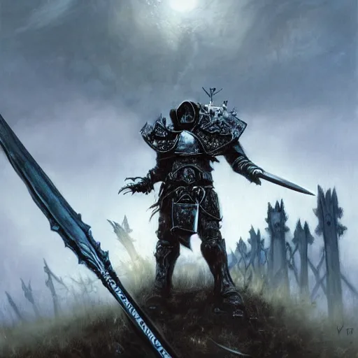 Prompt: a death knight in armor with a large sword, standing victorious in the middle of a battlefield, nightmarish background, ominous sky, in the style of michael whelan, oil on canvas,