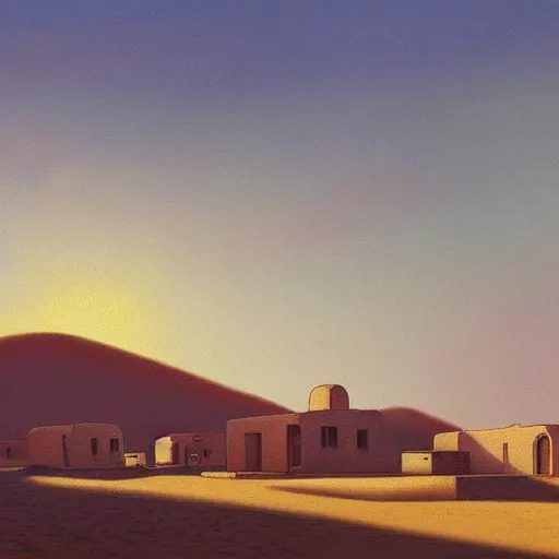 Prompt: a beautiful painting of a village in the desert, white houses, two suns, by simon stalenhag