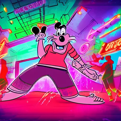 Image similar to goofy covered in blood in a dance rave, neon coloring, digital art, highly detailed