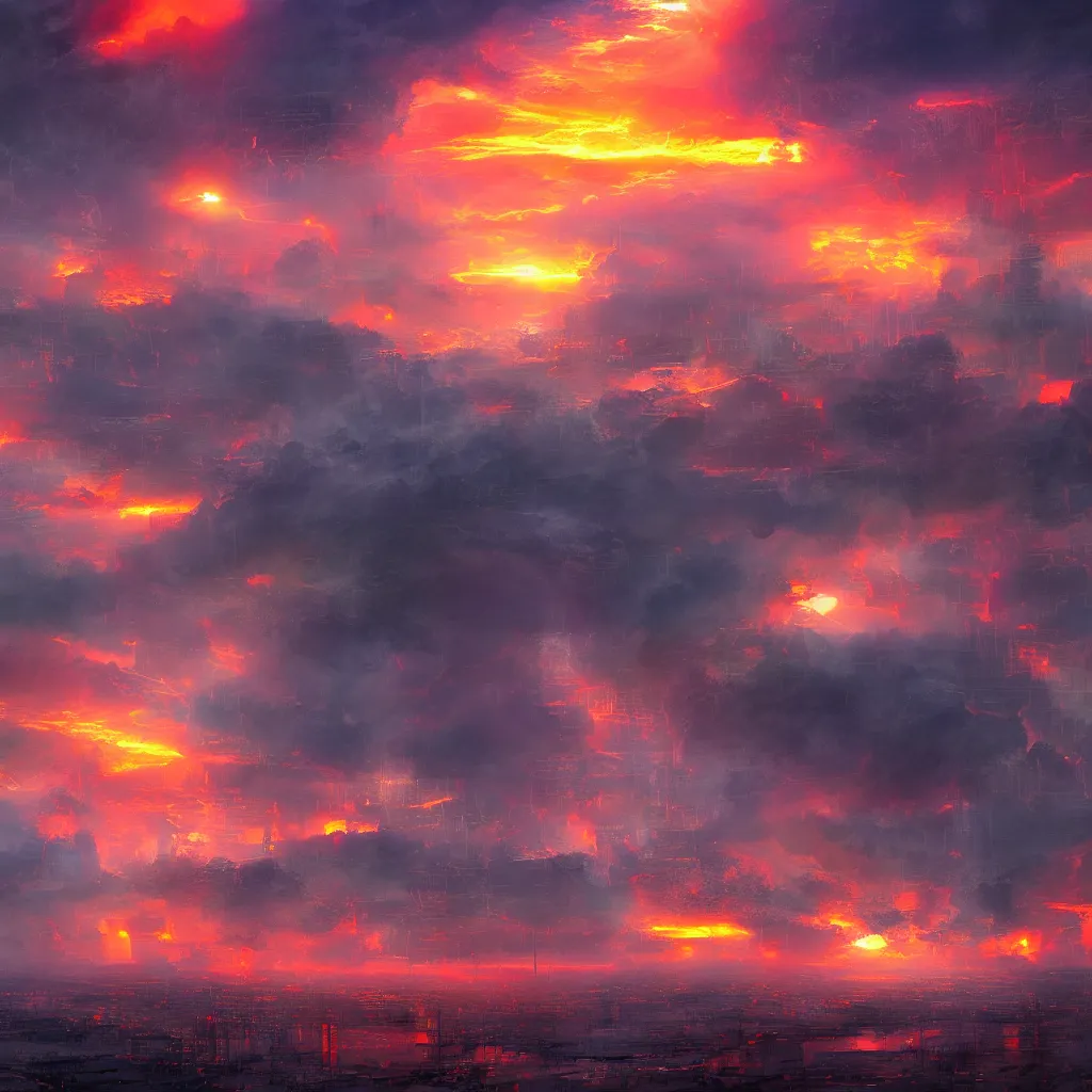 Prompt: fire in the sky, surrealistic, digital art, cyberpunk