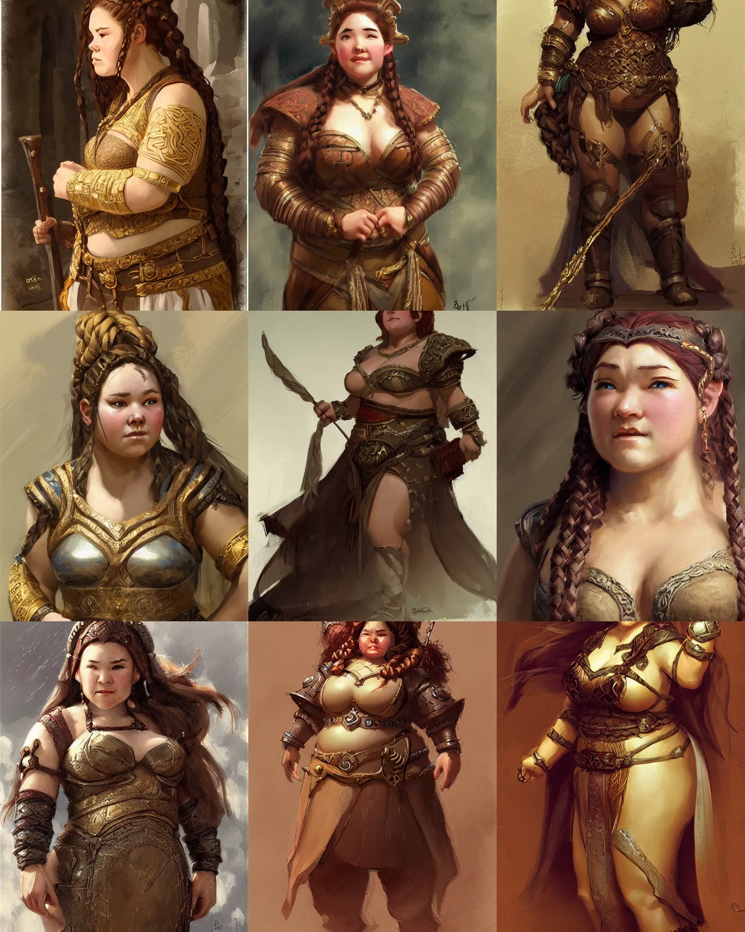 Prompt: female dwarven noblewoman, chubby short stature, braided intricate hair, by bayard wu