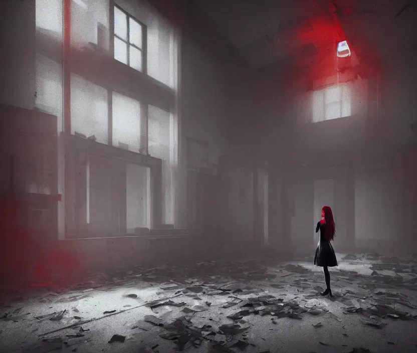 Image similar to gothic girl standing on an abandoned hospital room with red ceiling lighting and several blue lights on the walls, gloomy and foggy atmosphere, octane render, artstation trending, horror scene, highly detailded