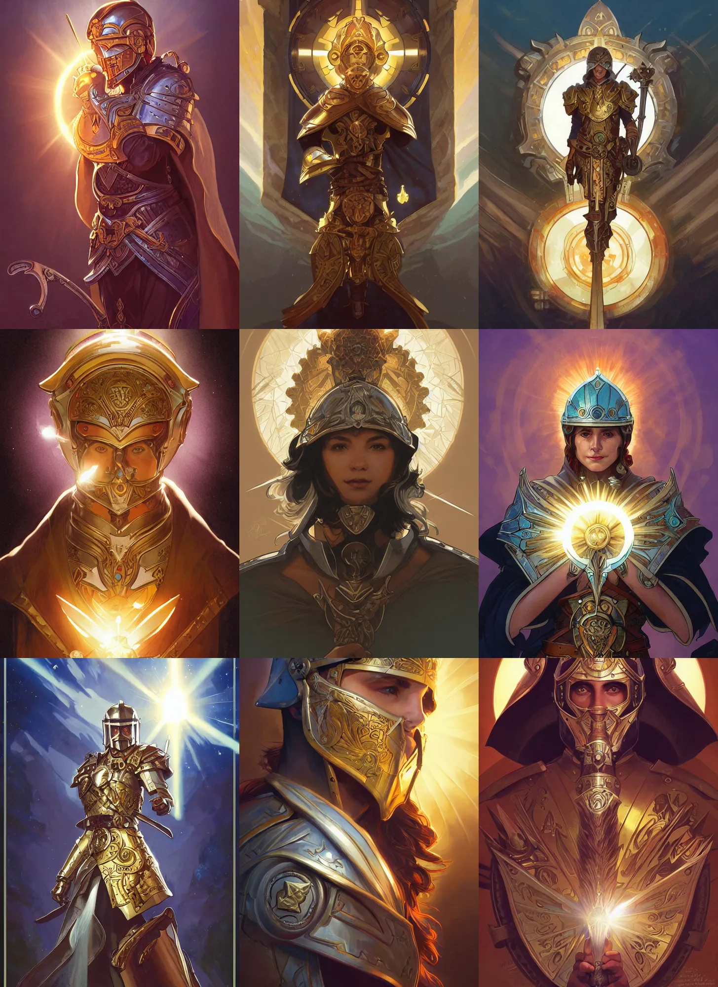 Prompt: paladin with sunbeam, spirit shield, victorian helmet, art by artgerm and greg rutkowski and alphonse mucha and dan mumford, portrait, dnd, headshot, highly detailed, digital painting, sharp focus, illustration