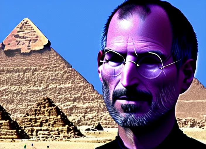 Image similar to landscape, steve jobs and a boy with purple hair in front of the pyramids, hyperrealism, intricate, 8 k, high detail