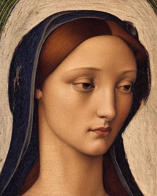 Image similar to a close up of a painting of a woman's head, an ultrafine detailed painting by pietro perugino, deviantart, pre - raphaelitism, da vinci, pre - raphaelite, detailed painting