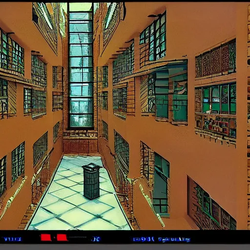 Prompt: the last virtual art museum in a 9 0's video game, made in 1 9 9 0, hyper detailed realistic hd screenshot, in the style of mc escher, in the style of a liminal space