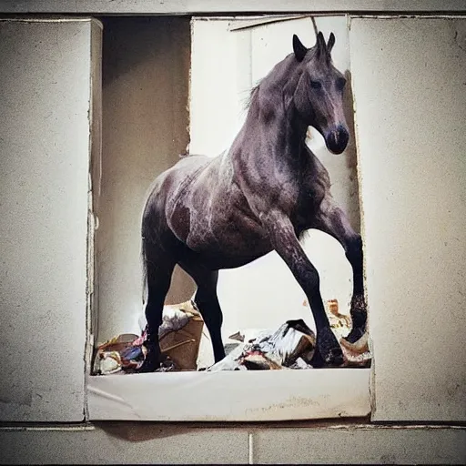 Image similar to “photo of a ripped, filthy dirty off-white t-shirt with the picture of a horse on it, hanging on a dirty concrete wall in a dark room with the floor covered in trash and garbage. Flash photo. Cursed image.”