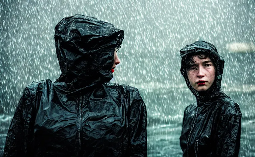 Image similar to cinestill 5 0 d candid photographic portrait by helen levitt of two loving female androids wearing rugged black mesh techwear in treacherous waters, extreme closeup, modern cyberpunk moody depressing cinematic, pouring rain, 8 k, hd, high resolution, 3 5 mm, f / 3 2, ultra realistic faces, ex machina