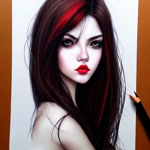 Image similar to a realistic illustration portrait of a beautiful cute girl with wavy black red hair, a pointy nose and, round chin black eyeliner, trending on artstation, intricate sift lighting, realistic