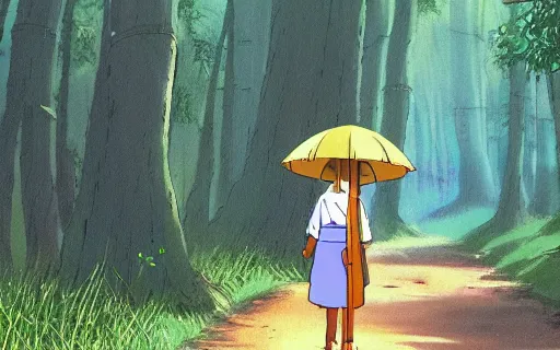 Image similar to a young girl with her large pet capybara walking through the forest, raining, holding umbrella, art by hayao miyazaki, studio ghibli film, 4k, hi res, high detail