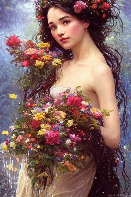 Image similar to portrait of a beautiful mysterious woman holding a bouquet of flowing flowers, wet dripping long hair, hands hidden under the bouquet, emerging from the water, fantasy, regal, intricate, by stanley artgerm lau, greg rutkowski, thomas kindkade, alphonse mucha, loish, norman rockwell