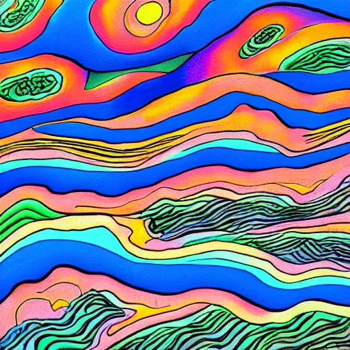 Image similar to colorful landscape in the style of junji ito