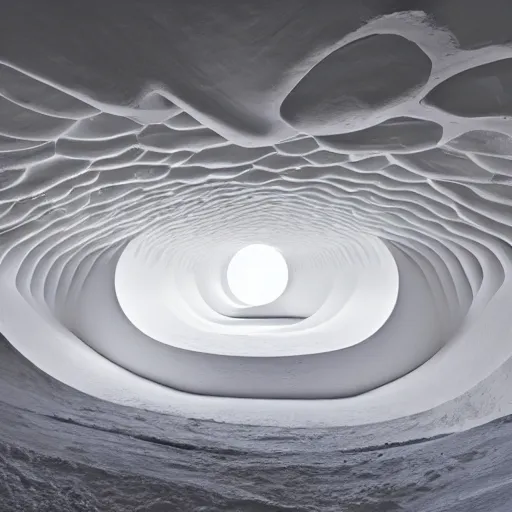 Prompt: a circular portal structure in the centre of an abandoned white cave full of geodes, beautiful curves, golden ratio, epic lighting, unusual composition, 4 k, zaha hadid, irakli nadar