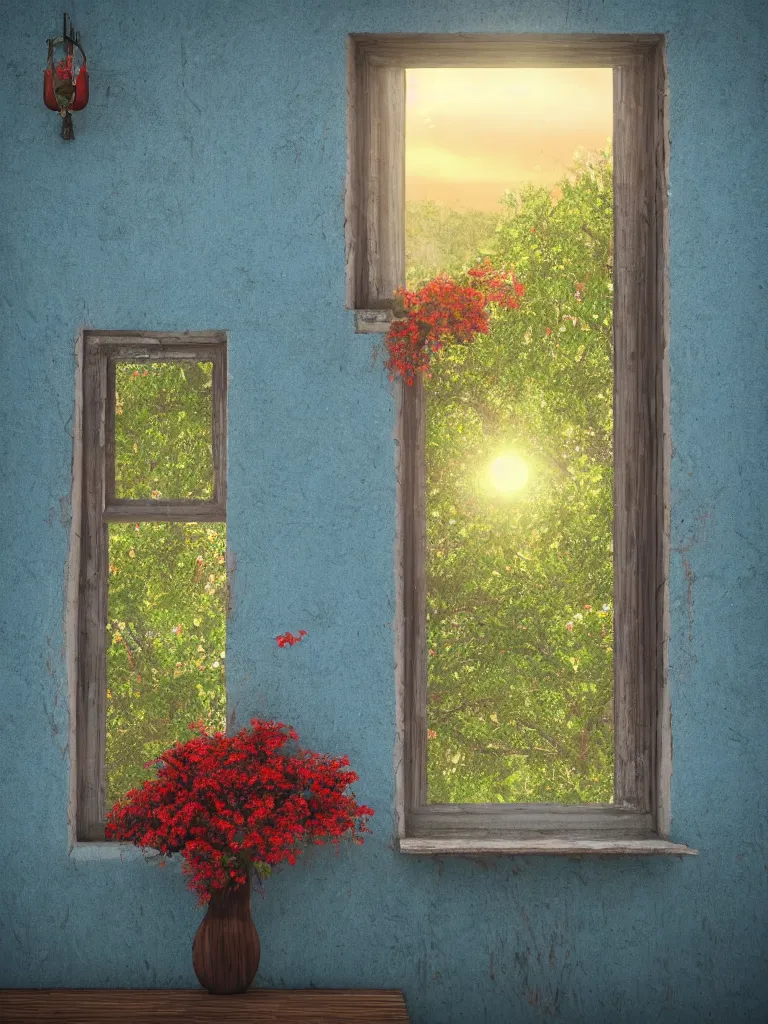 Image similar to a single old house window with a vase of red flowers with view to a sunrise, blue wall, a wooden chair near the window, concept art, octane render, unreal engine 5, trending on deviantart, highly detailed, high quality, hd, digital painting, masterpiece, geometric, symmetrical, low contrast, beautiful, high coherence, natural lighting, intense lighting