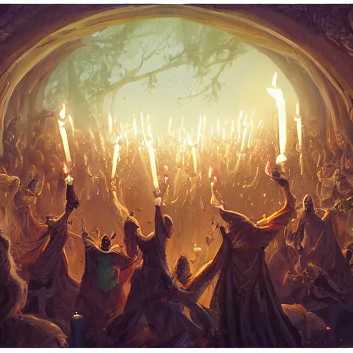 Prompt: highly detailed painting of a a group of sorcerers conducting a ritual in a ring of candles in the style of Greg rutkowski and Peter mohrbacher, trending on artstation