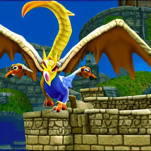 Image similar to screenshot of a griffin bard as an npc in spyro the dragon video game, with playstation 1 graphics, activision blizzard, upscaled to high resolution