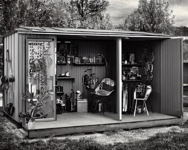 Image similar to IKEA catalogue photo of a cyberpunk shed, by Gustav Dore