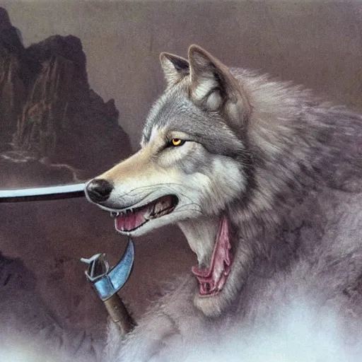 Image similar to wolf holding a sword in it's mouth, matte fantasy painting