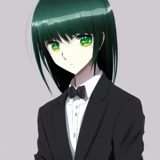 Image similar to full body portrait character concept art, anime key visual of decadent green long straight hair young anime male in black suit, green long straight hair and brown eyes, finely detailed perfect face studio lighting delicate features directed gaze, gapmoe kuudere grimdark, trending on pixiv fanbox, painted by greg rutkowski makoto shinkai takashi takeuchi studio ghibli