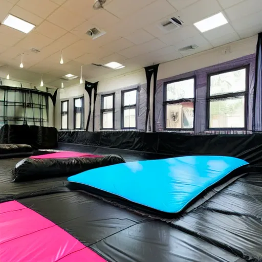 Prompt: A black trampoline next to A bouncy house with a ball pit inside a big empty room with windows