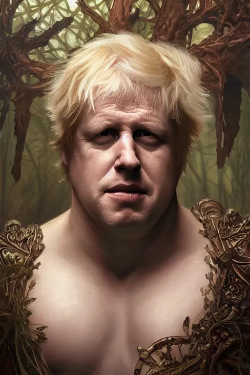 Image similar to portrait of boris johnson as a very pale hulking herculean demon, forest, godlike, full body, fantasy, intricate, elegant, highly detailed, digital painting, artstation, concept art, sharp focus, illustration, art by artgerm and greg rutkowski and alphonse mucha