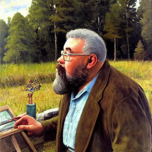 Image similar to Gary Gygax in earflaps stands in the middle of the field, Rye (Shishkin), painting by Ivan Shishkin, Ernest Gary Gygax face, painting by Valentin Serov, oil painting