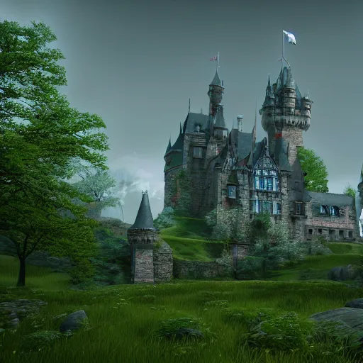 Prompt: a big castle, green grass, highly detailed, crystal lighting, mystical, forest, hyperrealistic, 4 k, unreal engine, dramatic lighting, magical, beautiful