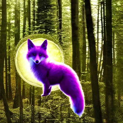 Image similar to a purple fox with a long fluffy and shiny coat sits in the forest on a ufo flying saucer. super realistic photo. clear details