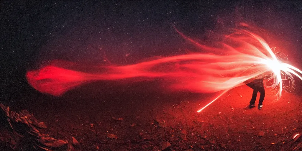 Prompt: fisheye slow motion with trail fire effect of futuristic break dancer wearing long dark cloak and golden helmet emitting red and blue fire, long exposure shot , enigmatic, at night underwater in the middle of the arctic with red light A letter, paddle of water, steam, fog, water splashes, rim lights, glossy reflections, raining, water droplets on lens, octane render, Volumetric dynamic lighting, stunning cover magazine, high details, hajime sorayama