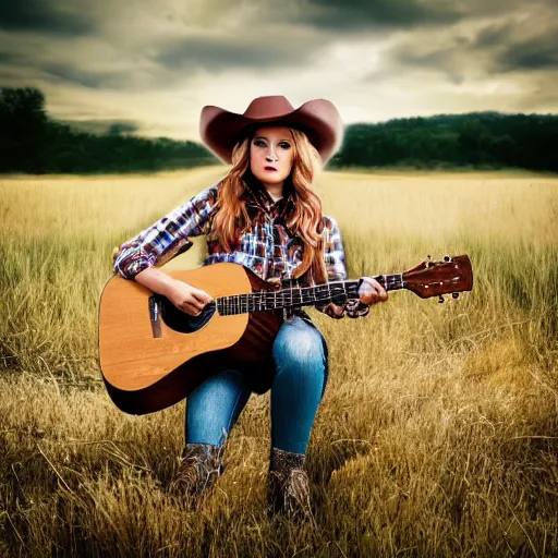 Image similar to a female fox animal, wearing cowboy hat, wearing plaid shirt, playing guitar, in a field, barn in background, album cover style