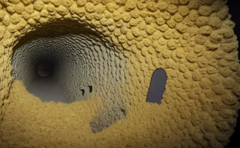 Image similar to sponge with many tunnels inside each hole, tunnels lead to different worlds, surreal, detailed, high definition, mysterious, wide shot, surrealist depiction of a normal sponge,