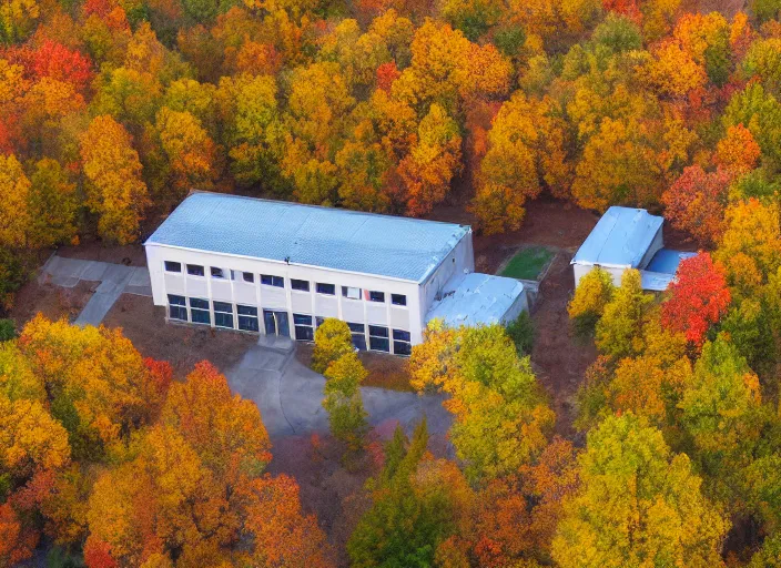 Image similar to low drone shot of a beautiful ranch style School campus in the middle of the Woods during autumn