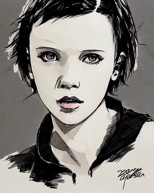 Image similar to pen sketch of millie bobby brown with short hair by yoji shinkawa