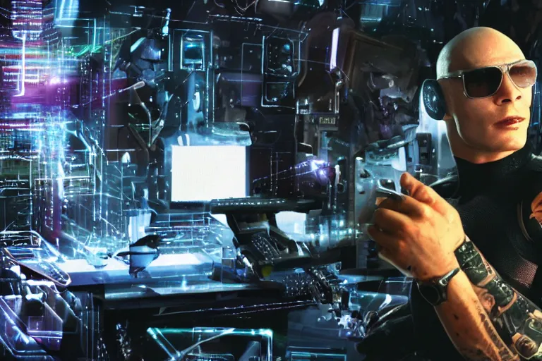 Image similar to cyborg - pitbull, surrounded by screens, in the future, y 2 k cybercore, industrial low - light photography, still from a ridley scott movie