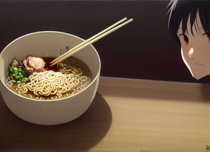 Image similar to a film still portrait of a bowl with ramen, finely detailed features, closeup at the food, perfect art, at a dinner table, gapmoe yandere grimdark, trending on pixiv fanbox, painted by greg rutkowski makoto shinkai takashi takeuchi studio ghibli, akihiko yoshida