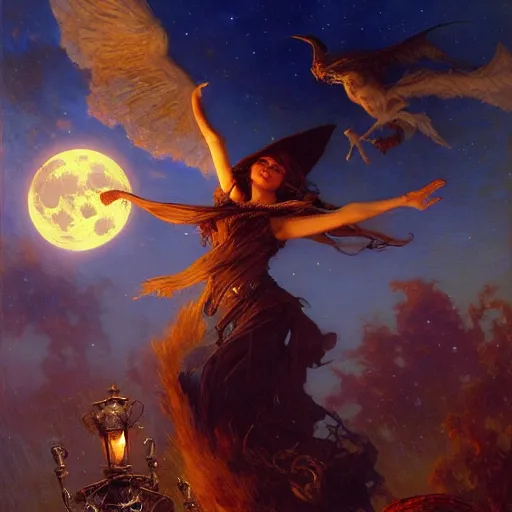 Image similar to witch flying, trough the night, fantasy, full moon in background. highly detailed painting by gaston bussiere, craig mullins, j. c. leyendecker 8 k