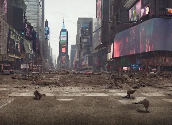 Image similar to film still of post apocalyptic empty time square, overgrown with wildlife walking through in the new sci - fi movie, 8 k