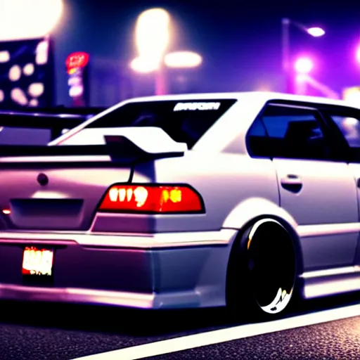 Image similar to a car JZX100 twin turbo drift at illegal car meet, Shibuya prefecture city midnight mist lights cinematic lighting photorealistic highly detailed wheels, high detail