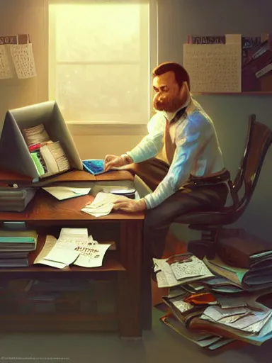 Image similar to salary man working at his desk, piles and piles of papers all over the place. intricate, elegant, highly detailed, digital painting, artstation, concept art, sharp focus, illustration, by justin gerard and artgerm, 8 k