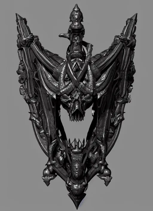 Image similar to a black great sword mini skull crest, orthographic, ornament, weapon, a 3 d render by dom qwek, front side full, trending on polycount, artstation, hard surface modeling, rendered in maya, zbrush, blender, hd, vray, berserk, symmetry