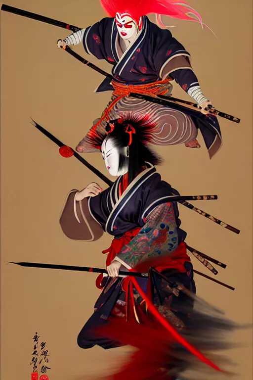 Image similar to an insane kabuki warrior wielding a spear while emitting a visible aura of madness, intricate hakama, red wig, crossed eyes, hazy atmosphere, high energy, in the style of fenghua zhong and ruan jia and jeremy lipking and peter mohrbacher, mystical colors, rim light,