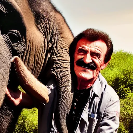 Prompt: a photo of Paul chuckle posing for a photo with an elephant on an African safari, photorealistic, 4k