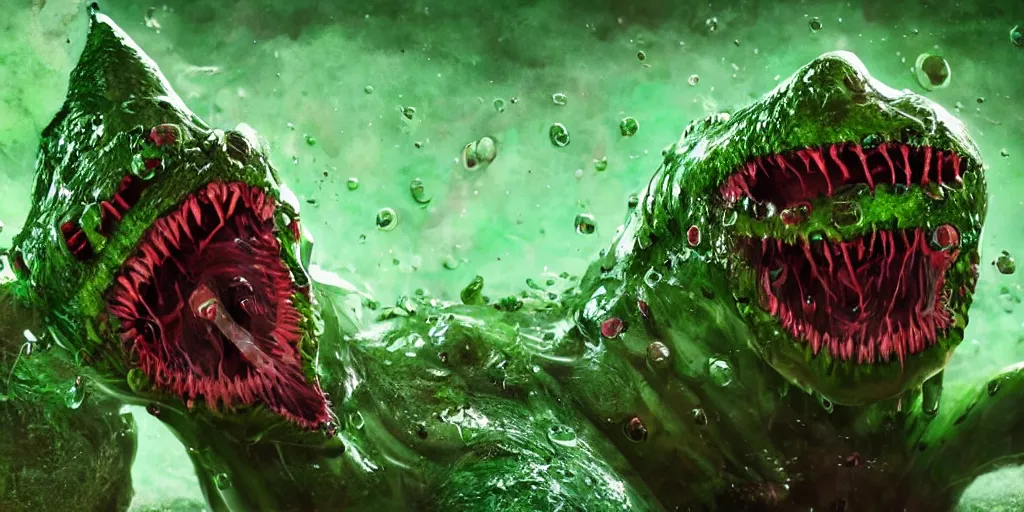 Image similar to a large slimy creepy monster a with very long slimy tongue, dripping saliva, macro photo, fangs, red glowing skin, green skin with scales, cinematic colors, tiny glowbugs everywhere, standing in shallow water, insanely detailed, dramatic lighting