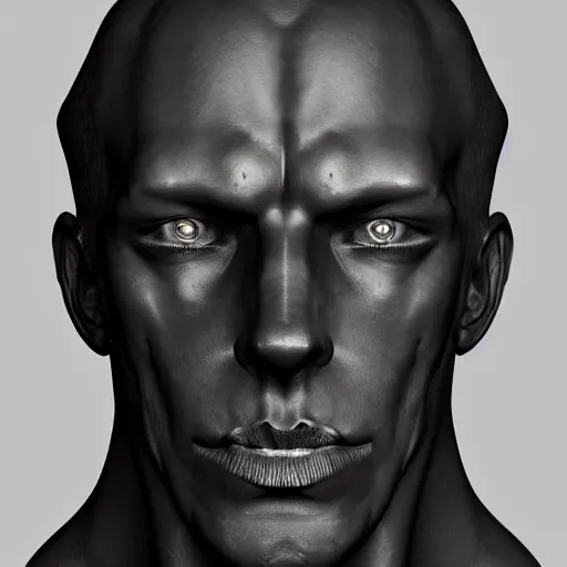 Image similar to a sculpture portrait of a man made of black iron. black background. gothic baroque. expressive eyes. symmetry. epic. ominous shapes. lighting from the bottom, sharp shadows. photoreal. trending on artstation