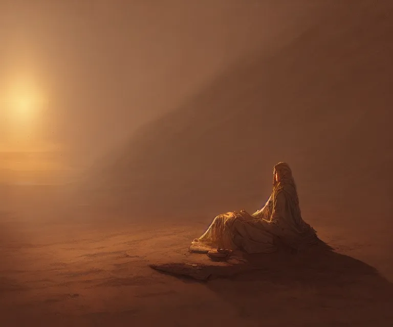 Image similar to lonely wanderer sitting at lap praying in desert, lit by the light of gods, abandoned by gods, hyperdetailed artstation cgsociety by greg rutkowski and by Gustave Dore