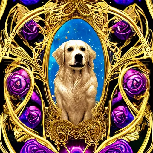 Prompt: Golden Retriever in a cosmic dress, full-body tattoos, ornate, rococo, Psychedelic, zbrush art, majestic, organics, silver filigree, colorful, dark fantasy, celtic knot, anatomical, h r giger style, moebius, frank frazetta, ornate, art nouveau, symmetrical, turquoise jewelry, red smoke, roses, unbiased render, rotten, Emil melmoth, eerie, macabre, haunting + insanely detailed and intricate, floral, faded pink, hypermaximalist, elegant, vintage, hyper realistic, super detailed, pastel color, 8K,