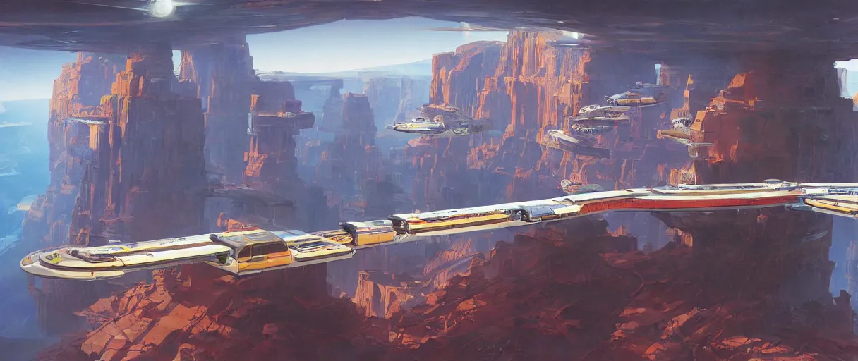 Prompt: a retro futurism elevated railway in a space colony on a massive scale canyons planet, ringed planet on the horizon by robert mccall and john berkey | ralph mcquarrie :. 7 | unreal engine :. 5