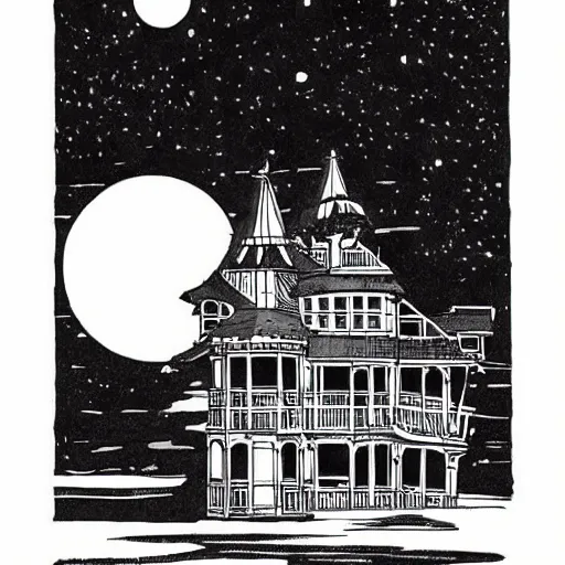 Prompt: seaside victorian building, night, moon in sky, heavy ink!!!!!!!, dark, black, mike mignola, monochrome