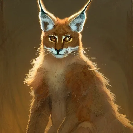 Image similar to concept art, a cute fluffy caracal dressed in toga, 8 k, alphonse mucha, james gurney, greg rutkowski, john howe, artstation